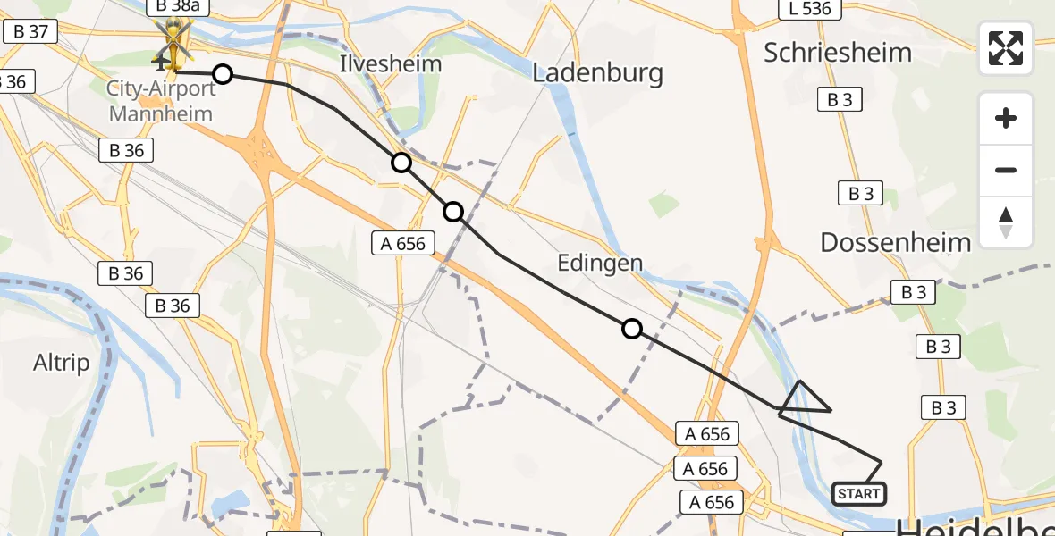 Routekaart van de vlucht: Rettungshubschrauber nach Mannheim-City Flughafen