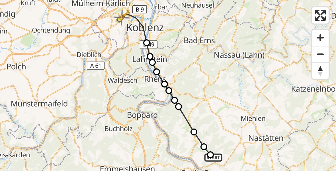 Routekaart van de vlucht: Rettungshubschrauber nach Koblenz, Rübenacher Straße