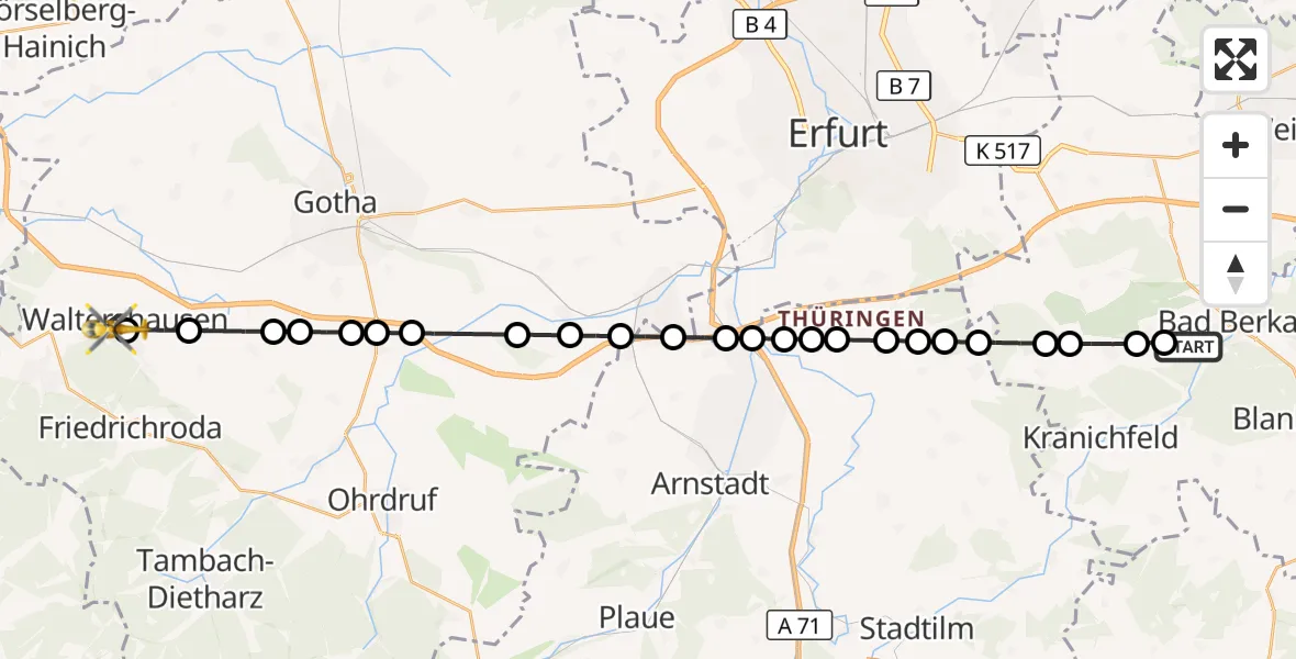 Flugroute Ambulanzhubschrauber Bad Berka - Waltershausen, 23 März 2026, 18:15