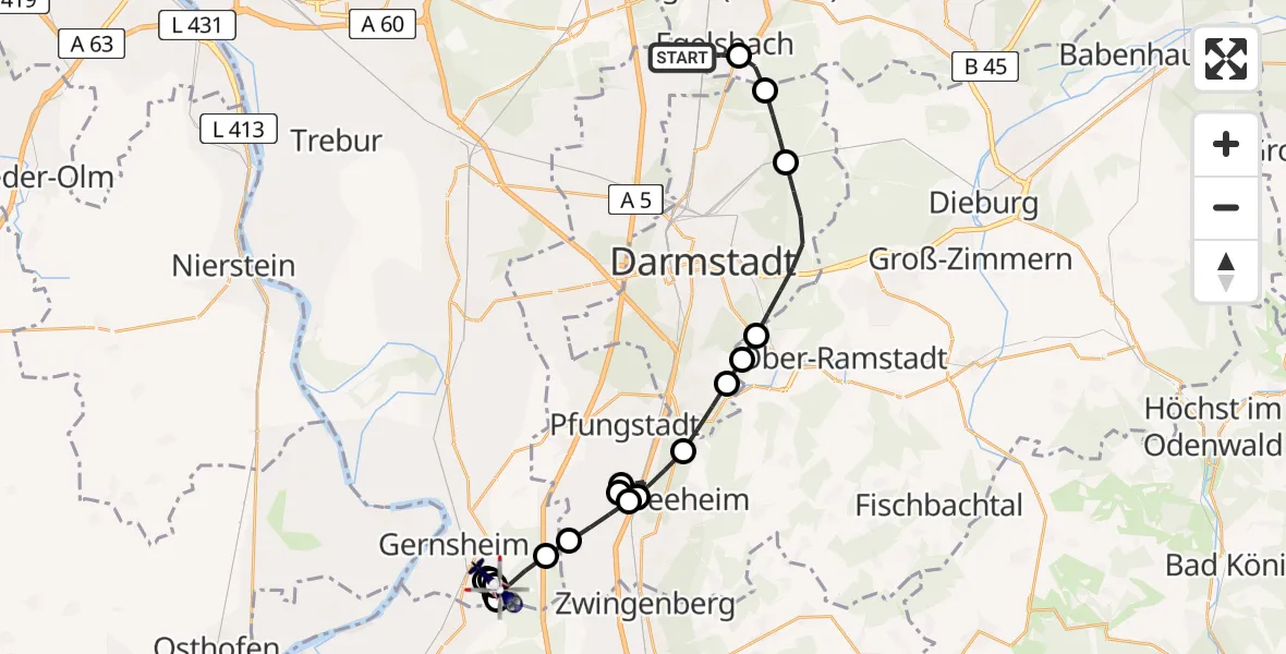 Flugroute Polizeihubschrauber Flughafen Frankfurt-Egelsbach - Gernsheim, 23 März 2026, 18:25