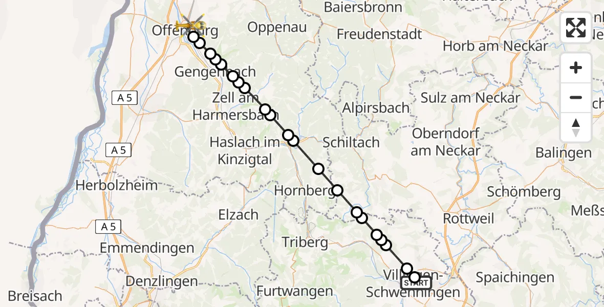 Routekaart van de vlucht: Rettungshubschrauber nach Offenburg, Moltkestraße