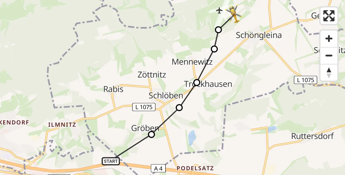 Routekaart van de vlucht: Rettungshubschrauber nach Jena-Schöngleina Flugplatz