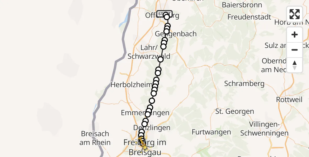 Flugroute Rettungshubschrauber Offenburg - Freiburg University Hospital Heliport 1, 23 März 2026, 19:17