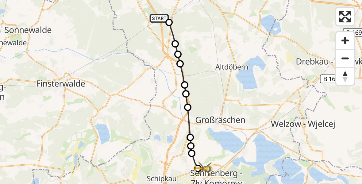 Flugroute Ambulanzhubschrauber Calau - Senftenberg, 23 März 2026, 19:40