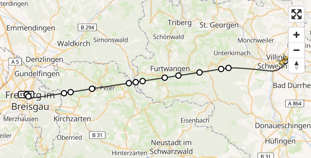 Flugroute Rettungshubschrauber Freiburg University Hospital Heliport 1 - DRF Air Rescue Station Villingen-Schwenningen Hubschrauberlandeplatz (Christoph 11), 23 März 2026, 20:10
