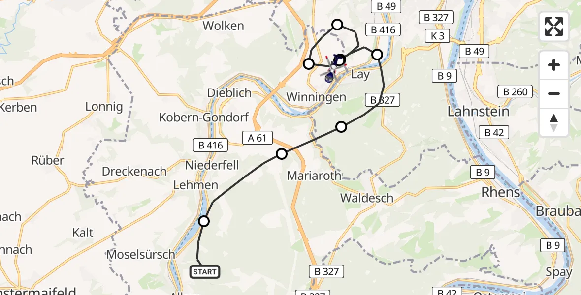Flugroute Polizeihubschrauber Oberfell - Koblenz-Winningen Flugplatz, 23 März 2026, 20:48
