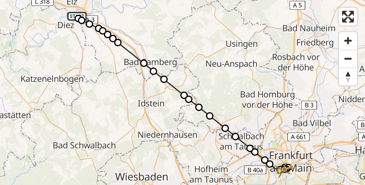 Flugroute Rettungshubschrauber Saint Vincent Hospital Limburg - Frankfurt University Hospital, 23 März 2026, 20:54