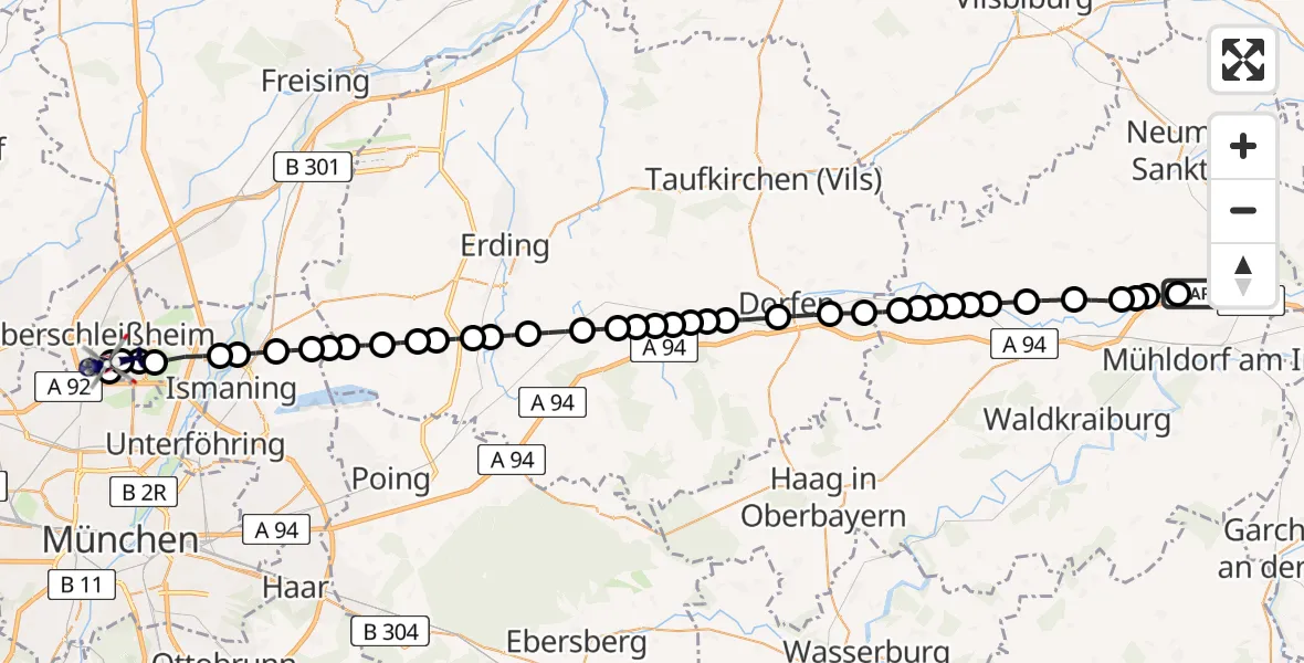 Flugroute Polizeihubschrauber Mühldorf Flugplatz - Oberschleissheim Hubschrauberlandeplatz, 23 März 2026, 21:01