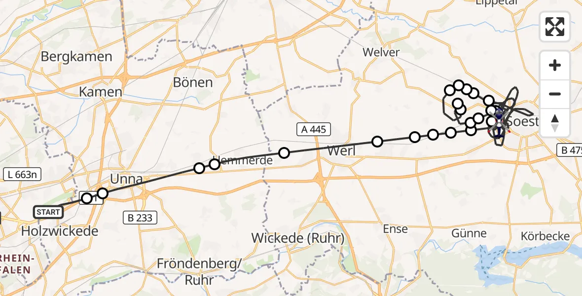 Flugroute Polizeihubschrauber Dortmund Flughafen - Soest, 23 März 2026, 21:03
