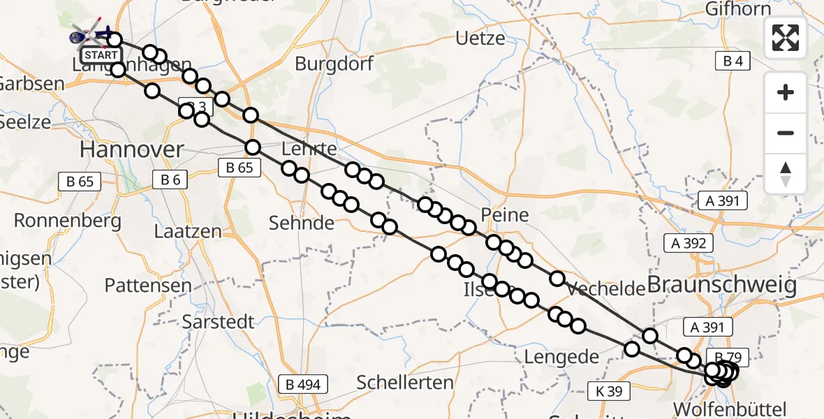 Routekaart van de vlucht: Polizeihubschrauber nach Flughafen Hannover