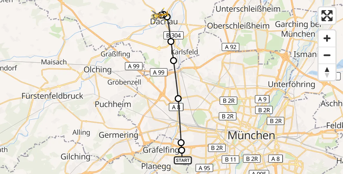 Flugroute Rettungshubschrauber DRF Air Rescue München Hubschrauberlandeplatz - Helios Clinic Dachau, 23 März 2026, 22:01
