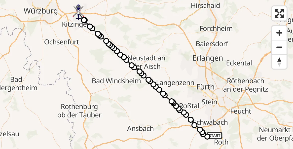 Flugroute Polizeihubschrauber Büchenbach - Dettelbach, 23 März 2026, 23:08