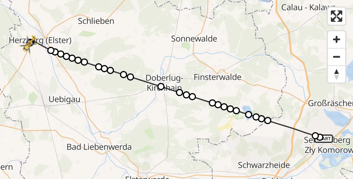 Flugroute Ambulanzhubschrauber ADAC Luftrettungsstation Senftenberg Hubschrauberlandeplatz - Elbe-Elster Hospital Herzberg, 24 März 2026, 00:12