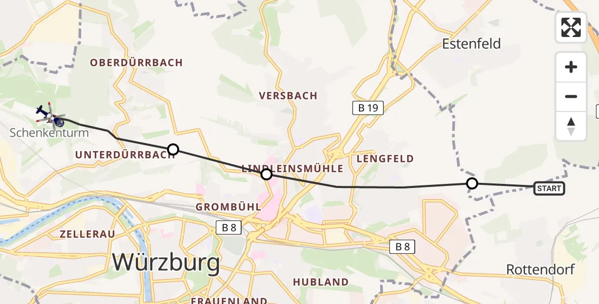 Routekaart van de vlucht: Polizeihubschrauber nach Würzburg-Schenkenturm Flugplatz