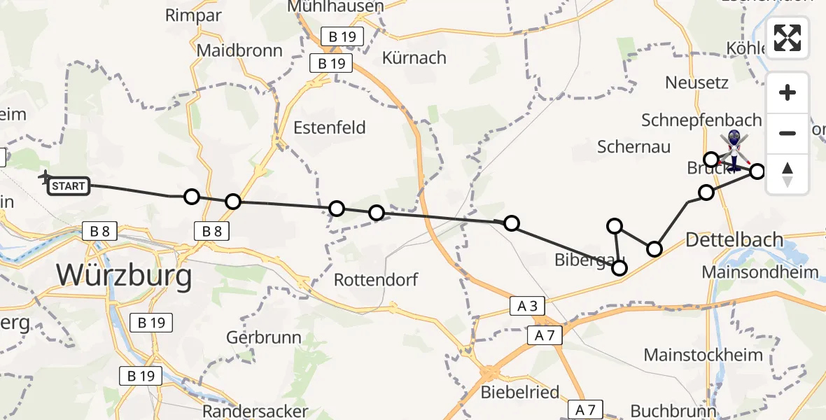 Flugroute Polizeihubschrauber Würzburg - Schnepfenbach, 24 März 2026, 00:51