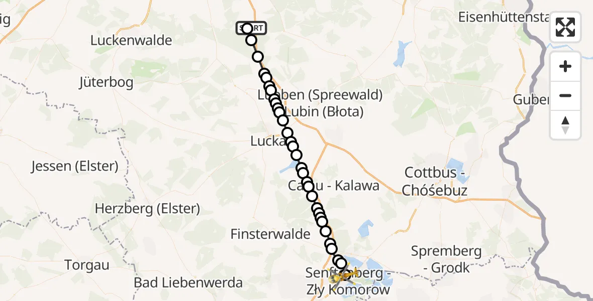 Flugroute Ambulanzhubschrauber Teupitz - ADAC Luftrettungsstation Senftenberg Hubschrauberlandeplatz, 24 März 2026, 01:40