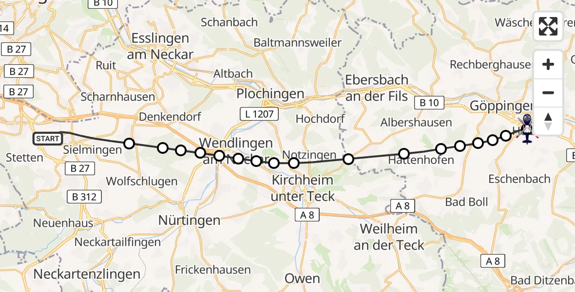 Flugroute Polizeihubschrauber Flughafen Stuttgart - Göppingen (Kernstadt), 24 März 2026, 05:58