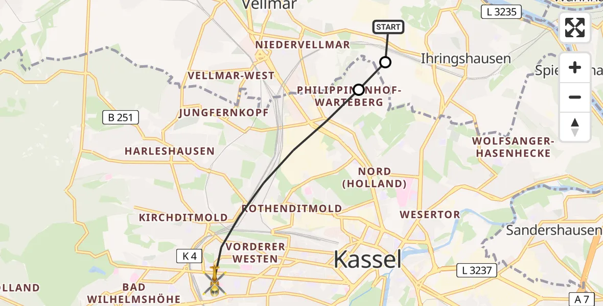 Flugroute Rettungshubschrauber Fuldatal Bundespolizei Hubschrauberlandeplatz - Kassel, 24 März 2026, 06:03