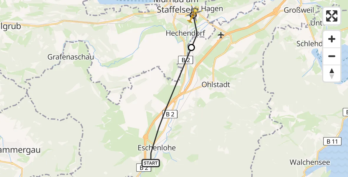 Flugroute Rettungshubschrauber Eschenlohe - Murnau Accident Hospital, 24 März 2026, 06:42