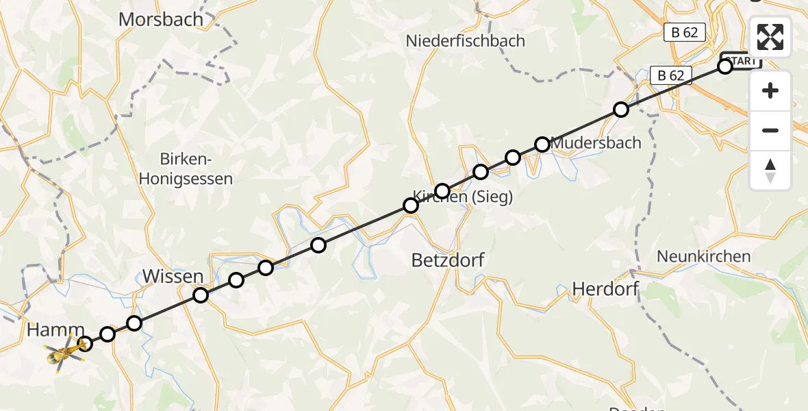 Flugroute Rettungshubschrauber Evangelisches Jung-Stilling Hospital - Hamm (Sieg), 24 März 2026, 06:43