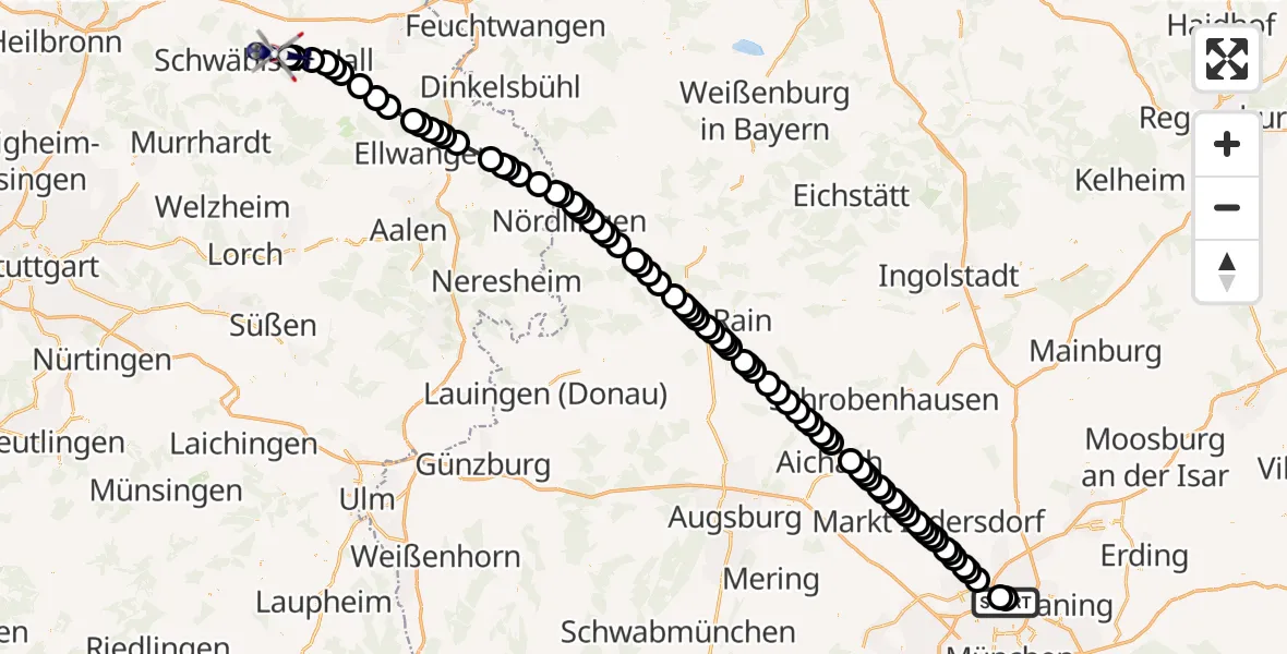 Flugroute Polizeihubschrauber Oberschleißheim - Adolf Würth Flughafen, 24 März 2026, 06:46