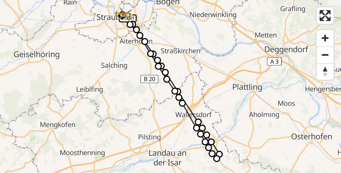 Flugroute Rettungshubschrauber Straubing - Sankt Elisabeth Hospital Straubing, 24 März 2026, 06:46