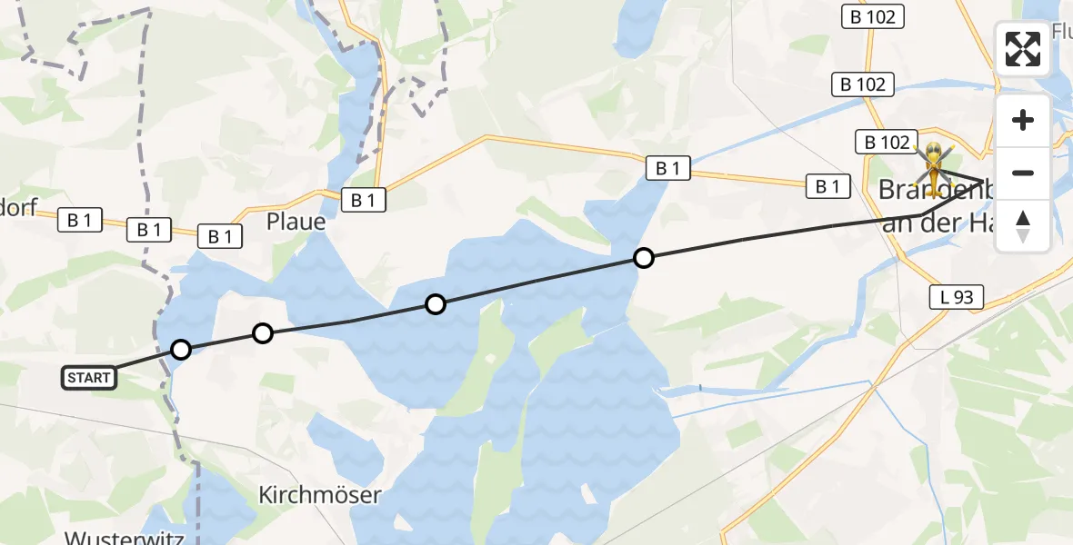 Flugroute Rettungshubschrauber Wusterwitz - Brandenburg an der Havel, 24 März 2026, 06:49