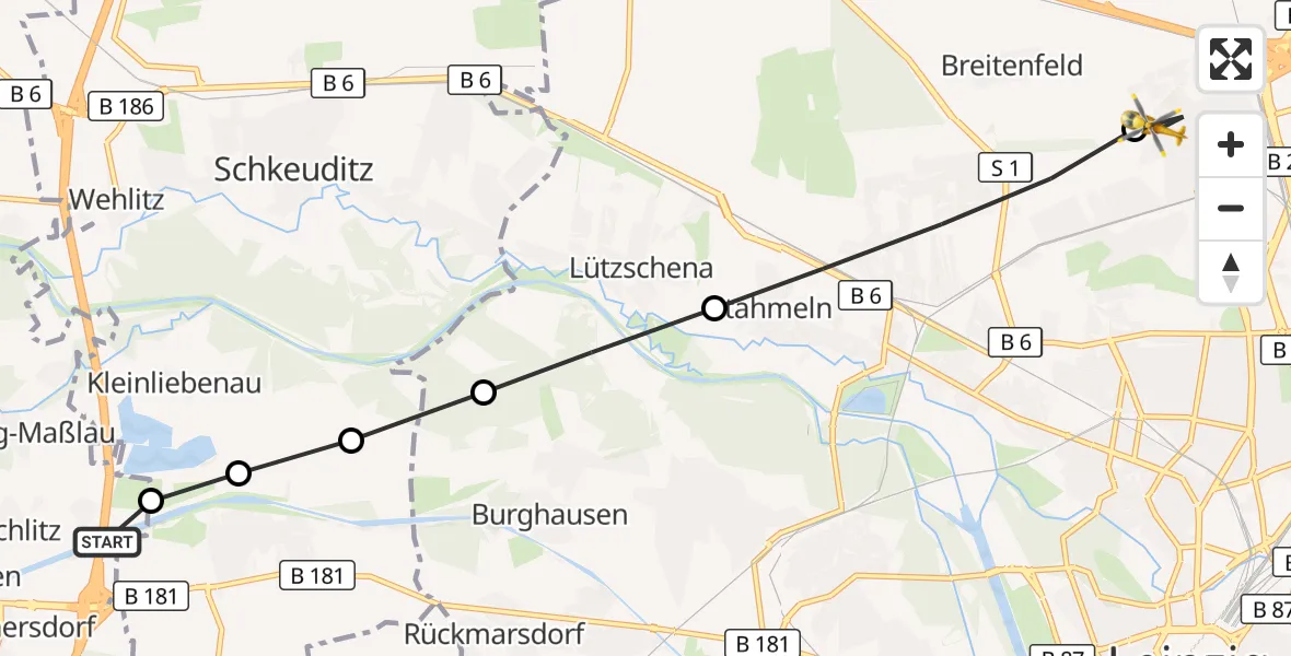 Flugroute Rettungshubschrauber ADAC Air Rescue Station Leipzig/Schkeuditz-Dölzig Hubschrauberlandeplatz (Christoph 61) - Nord, 24 März 2026, 06:57