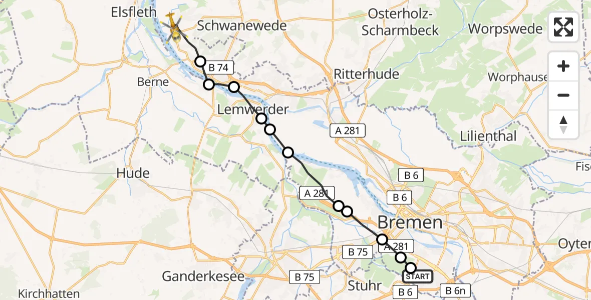 Flugroute Rettungshubschrauber ADAC Air Rescue Station Bremen Hubschrauberlandeplatz (Christoph 6) - Bremen-Nord, 24 März 2026, 07:01