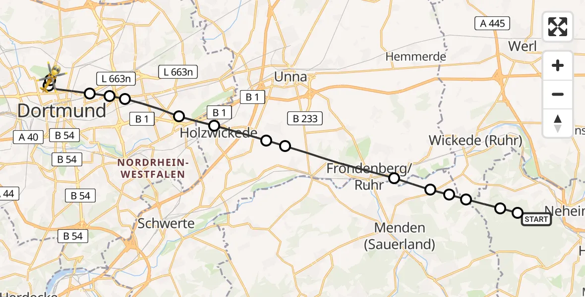 Flugroute Rettungshubschrauber Bachum - Dortmund Hospital North, 24 März 2026, 07:01