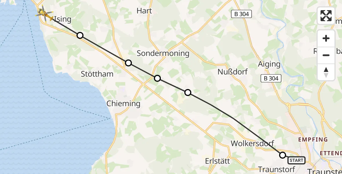 Flugroute Rettungshubschrauber Traunstein Hospital - Ising, 24 März 2026, 07:04