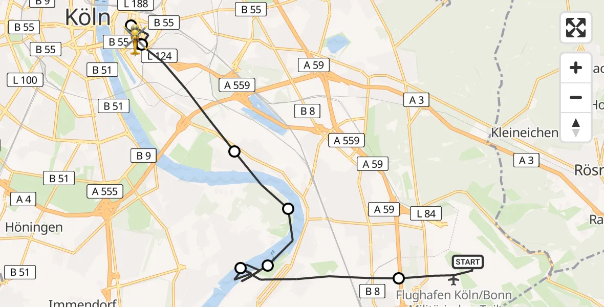 Flugroute Rettungshubschrauber Köln Bonn Flughafen - Eduardus Hospital, 24 März 2026, 07:13