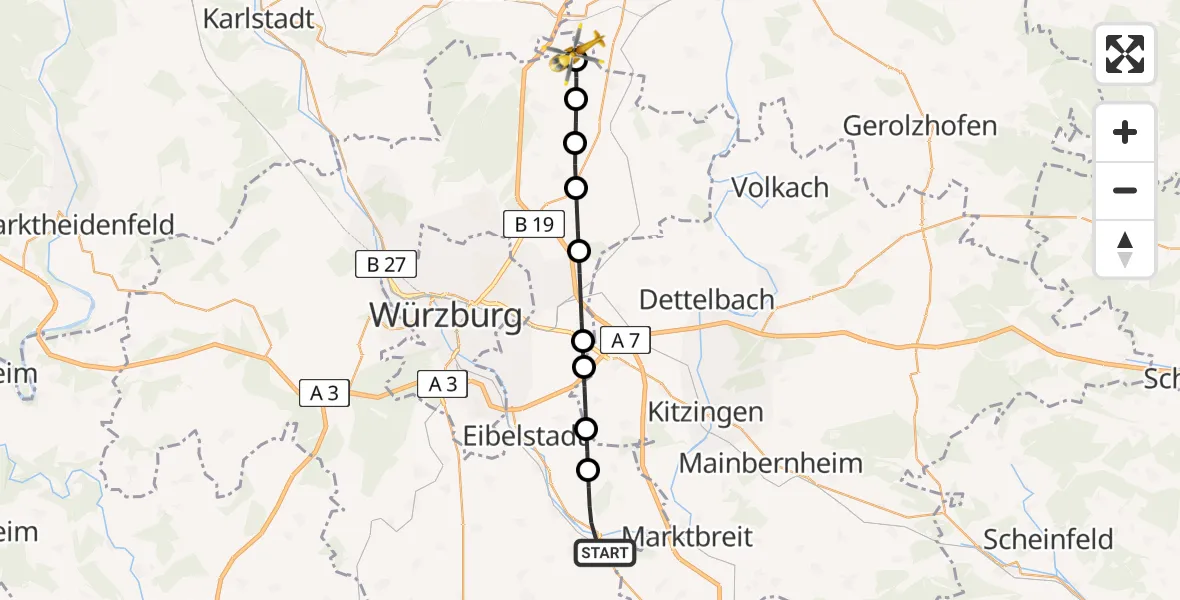 Flugroute Rettungshubschrauber Ochsenfurt - Rieden, 24 März 2026, 07:15