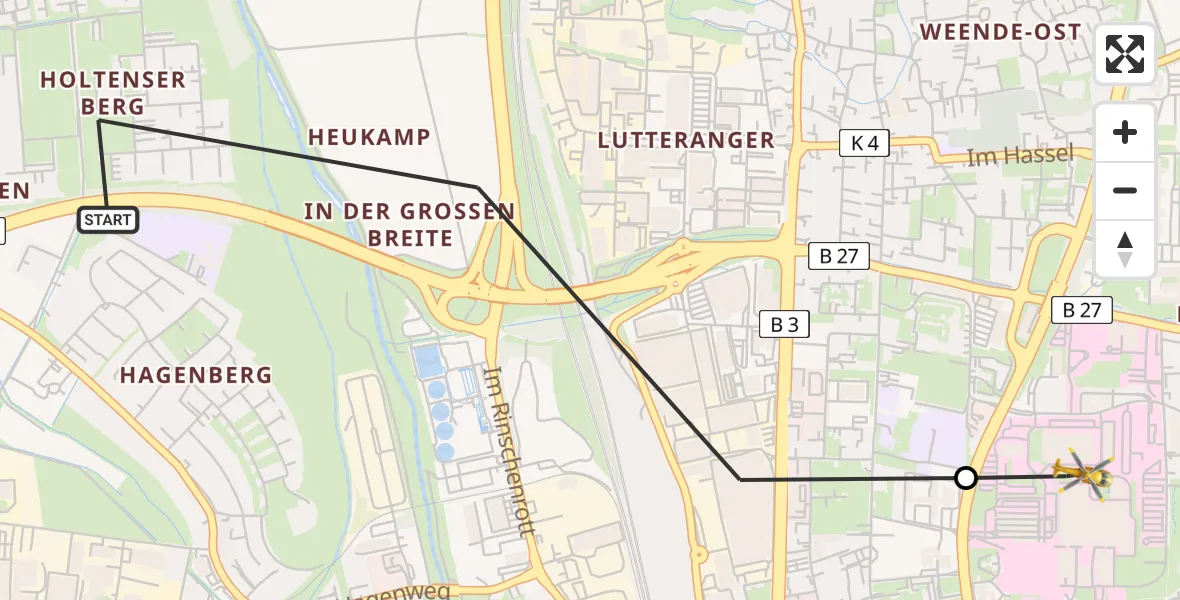 Flugroute Rettungshubschrauber Göttingen - Göttingen University Clinic Hubschrauberlandeplatz, 24 März 2026, 07:33