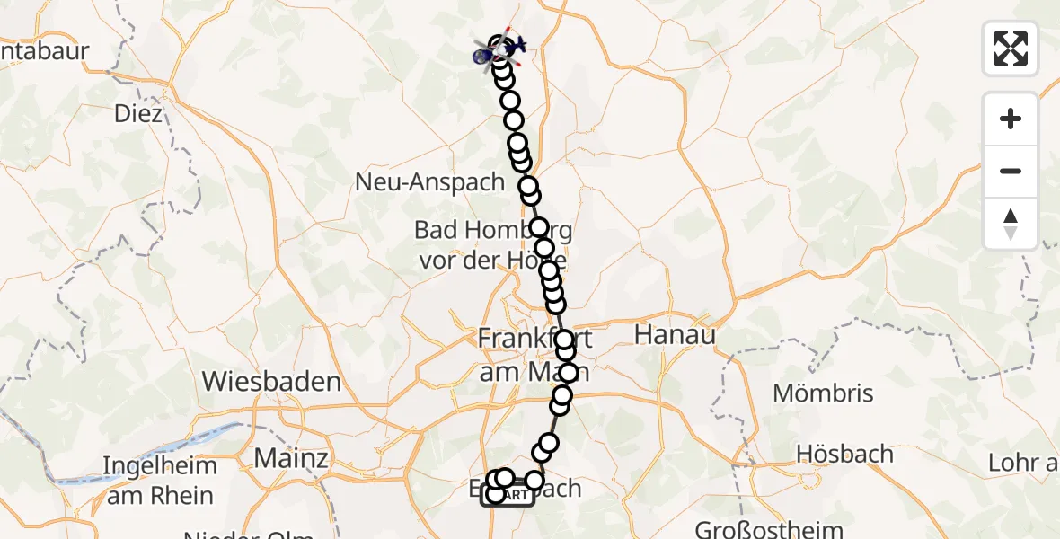 Flugroute Polizeihubschrauber Flughafen Frankfurt-Egelsbach - Pfingstweide Flugplatz, 24 März 2026, 07:38