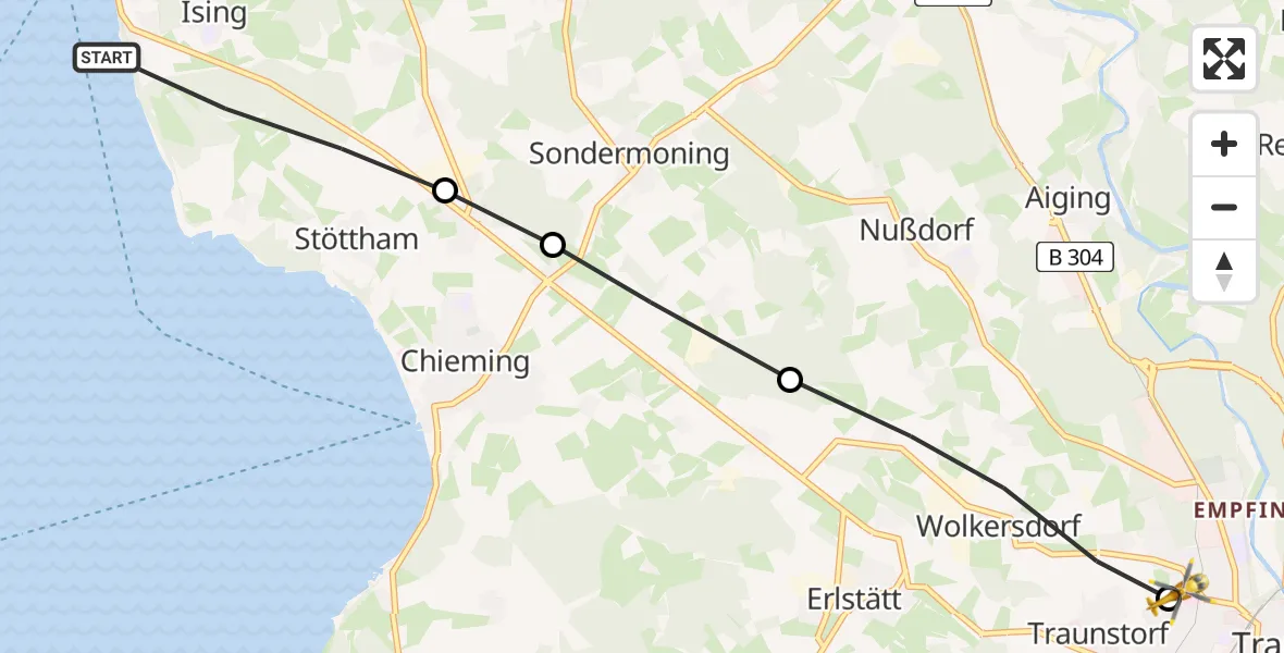 Flugroute Rettungshubschrauber Ising - Traunstein Hospital, 24 März 2026, 07:44