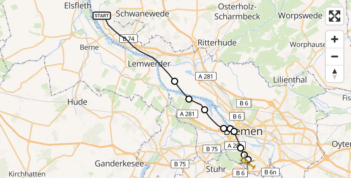 Flugroute Rettungshubschrauber Bremen-Nord - ADAC Air Rescue Station Bremen Hubschrauberlandeplatz (Christoph 6), 24 März 2026, 07:45