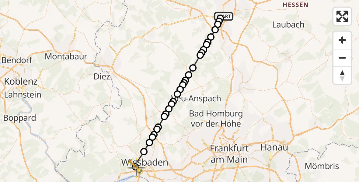 Flugroute Rettungshubschrauber Gießen - Helios Horst Schmidt Klinik (HSK) Hubschrauberlandeplatz, 24 März 2026, 07:47