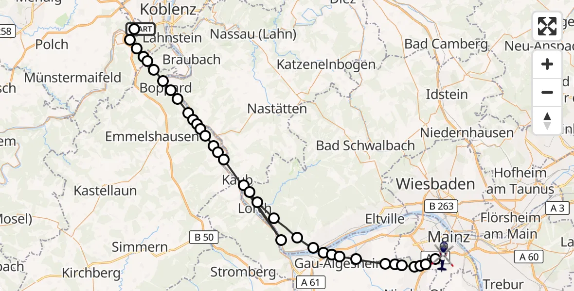 Flugroute Polizeihubschrauber Koblenz-Winningen Flugplatz - Mainz, 24 März 2026, 07:47