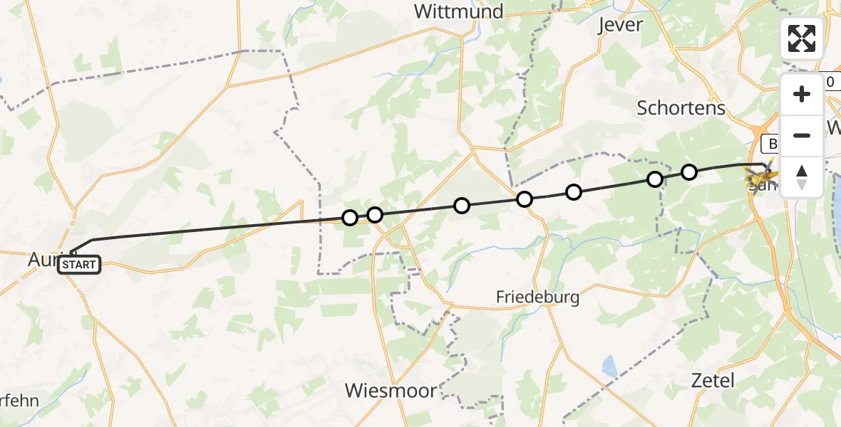 Flugroute Rettungshubschrauber Aurich - Sande, 24 März 2026, 07:51