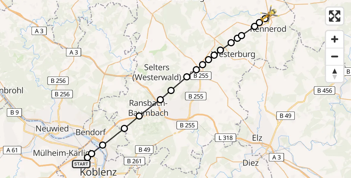 Flugroute Rettungshubschrauber Koblenz - Emmerichenhain, 24 März 2026, 07:55