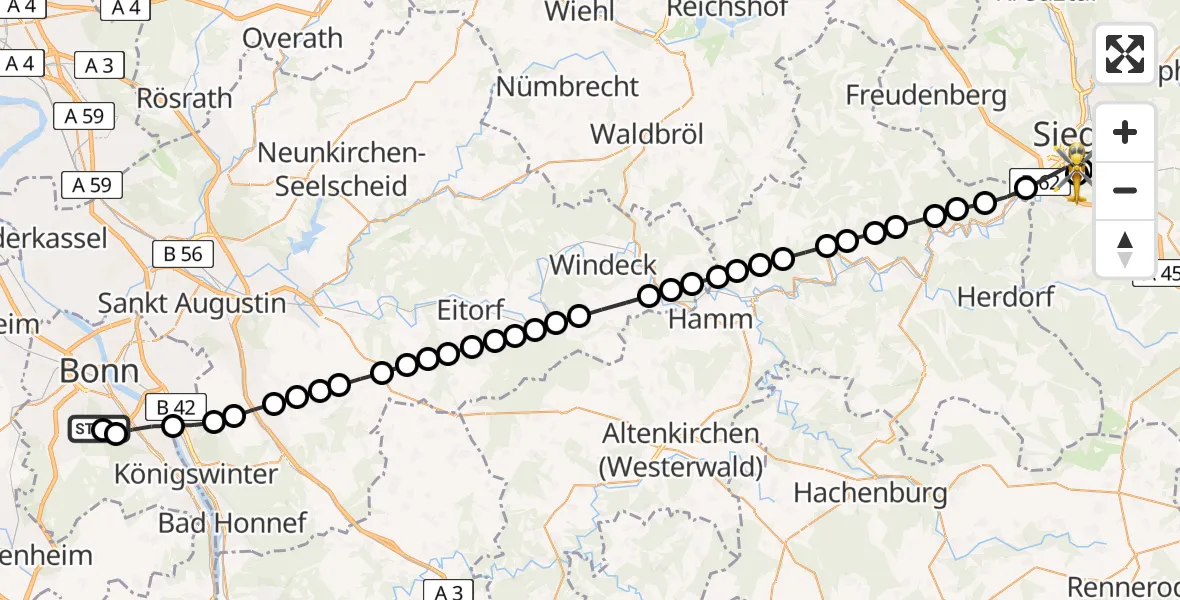 Flugroute Rettungshubschrauber Bonn University Hospital - Evangelisches Jung-Stilling Hospital, 24 März 2026, 08:07