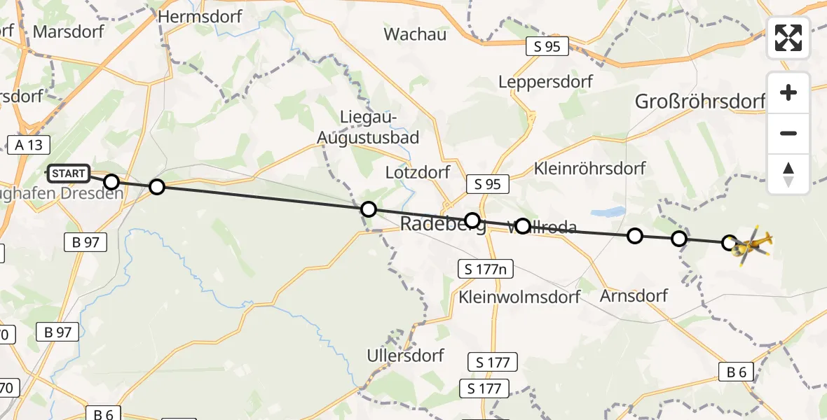 Flugroute Rettungshubschrauber Dresden Flughafen - Großharthau, 24 März 2026, 08:10
