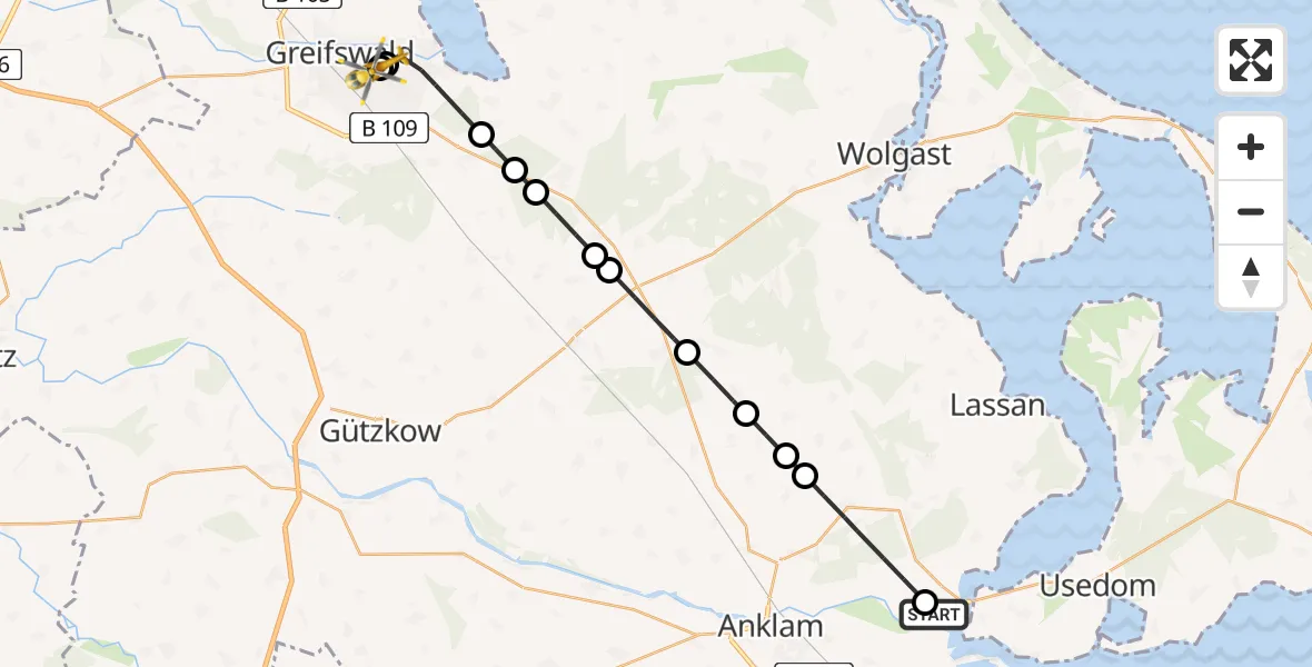 Routekaart van de vlucht: Rettungshubschrauber nach Greifswald Hospital