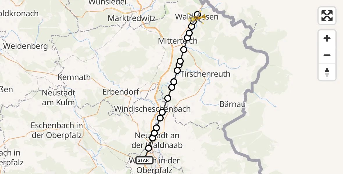 Flugroute Rettungshubschrauber Weiden in der Oberpfalz - Waldsassen, 24 März 2026, 08:21