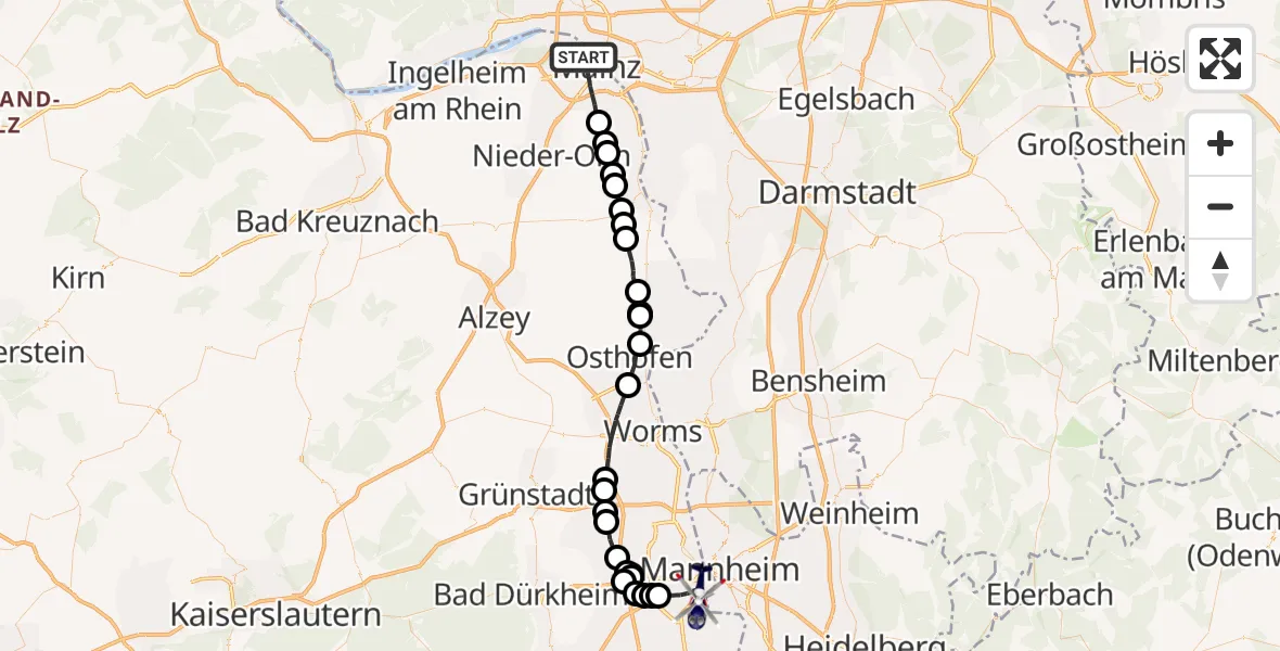 Flugroute Polizeihubschrauber Mainz - Ludwigshafen am Rhein, 24 März 2026, 08:29
