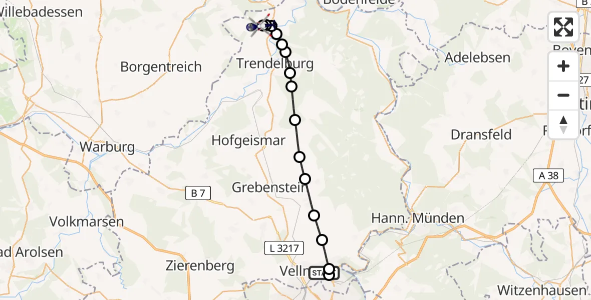 Flugroute Polizeihubschrauber Fuldatal Bundespolizei Hubschrauberlandeplatz - Hölleberg Flugplatz, 24 März 2026, 08:29