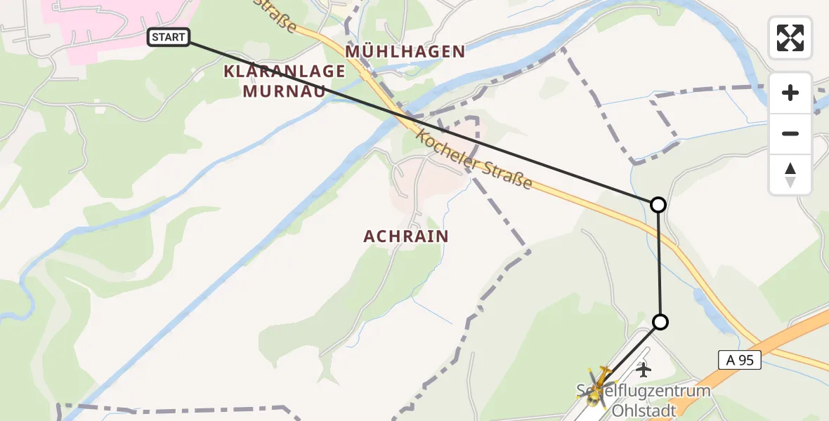 Flugroute Rettungshubschrauber Murnau Accident Hospital - Ohlstadt Flugplatz, 24 März 2026, 08:32