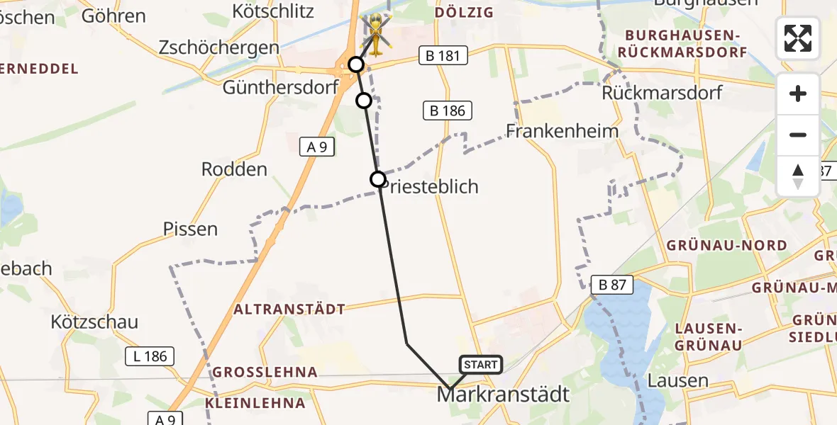 Flugroute Rettungshubschrauber Markranstädt - ADAC Air Rescue Station Leipzig/Schkeuditz-Dölzig Hubschrauberlandeplatz (Christoph 61), 24 März 2026, 08:36