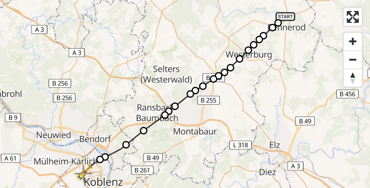Flugroute Rettungshubschrauber Emmerichenhain - Koblenz, 24 März 2026, 08:48